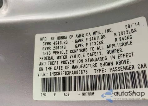 2015 Honda Accord Ex-L V-6 from USA, damaged, VIN 1HGCR3F8XFA005678